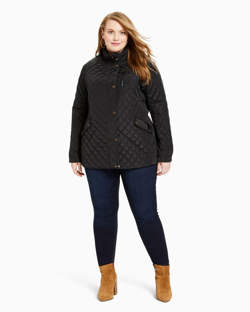 Plus size model with hourglass body shape wearing Como Quilted Jacket by Lauren Ralph Lauren | Dia&Co | dia_product_style_image_id:111690